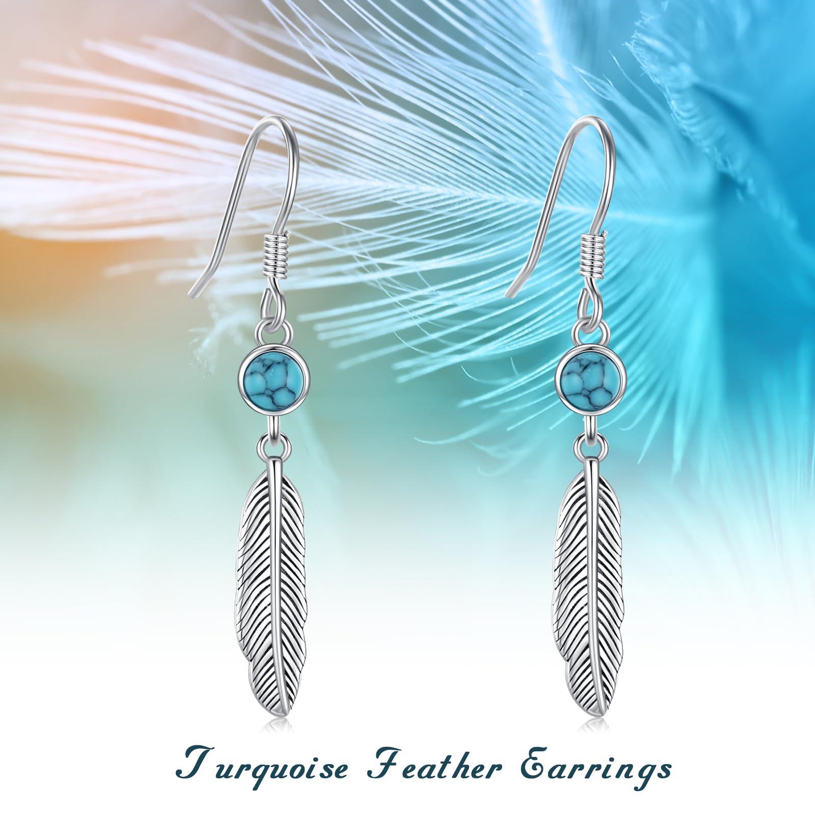 Coachuhhar Feather Dangle Earrings 925 Sterling Silver Turquoise Drop Earrings Western Jewelry Gifts for Women Mom