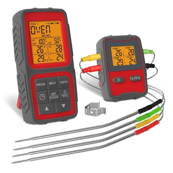 Wireless Meat Thermometer, 500FT Digital Cooking Thermometer with 4 Color-Coded Probes, Backlit LCD & Alarm for Smoking, BBQ, Oven, Kitchen