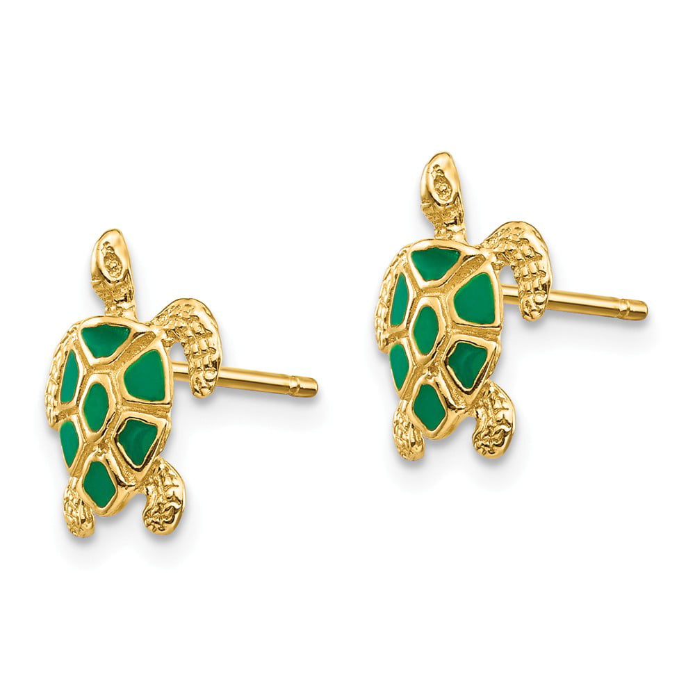 Solid 14k Yellow Gold Green Enameled Sea Turtle Post Studs Earrings - 11mm  x 9mm