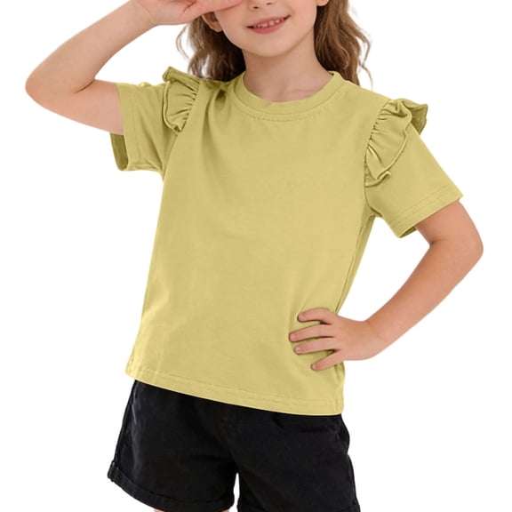 OGLCCG Girls' Ruffle Sleeve Shirts Cotton Crew Neck Short Sleeves T Shirts Kids Casual Colid Color Summer Tops Tees 1-9 Years