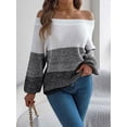 thumbnail image 6 of Women Crochet Knit Casual Color Block Off Shoulder Trendy Sweaters Pullover Lantern Sleeve Warm Tops Black L, 6 of 8