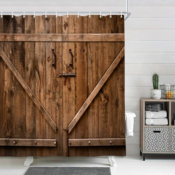 Rustic Farmhouse Barn Door Shower Curtain, Vintage Country Wood Board Western Bath Curtain, Brown Barn Garage Farm Wooden Door Bathroom Accessories Cabin for Bathroom Curtains, 72X72IN