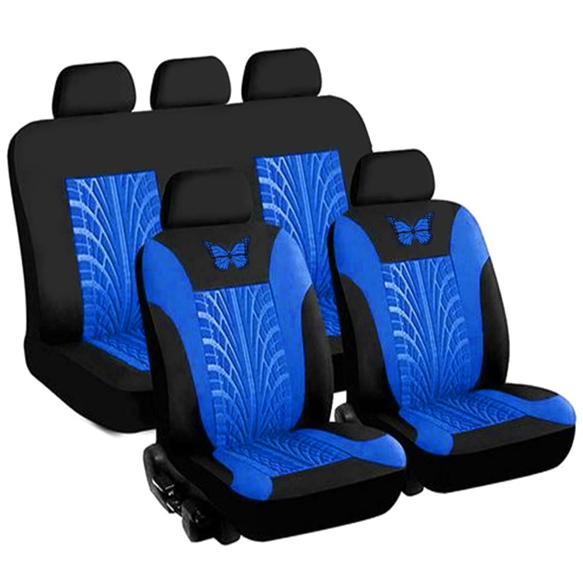 9PCS Universal Car Seat Covers Full Set Protector Cushion Front Rear 3D Butterfly Embroidery Pattern, Blue