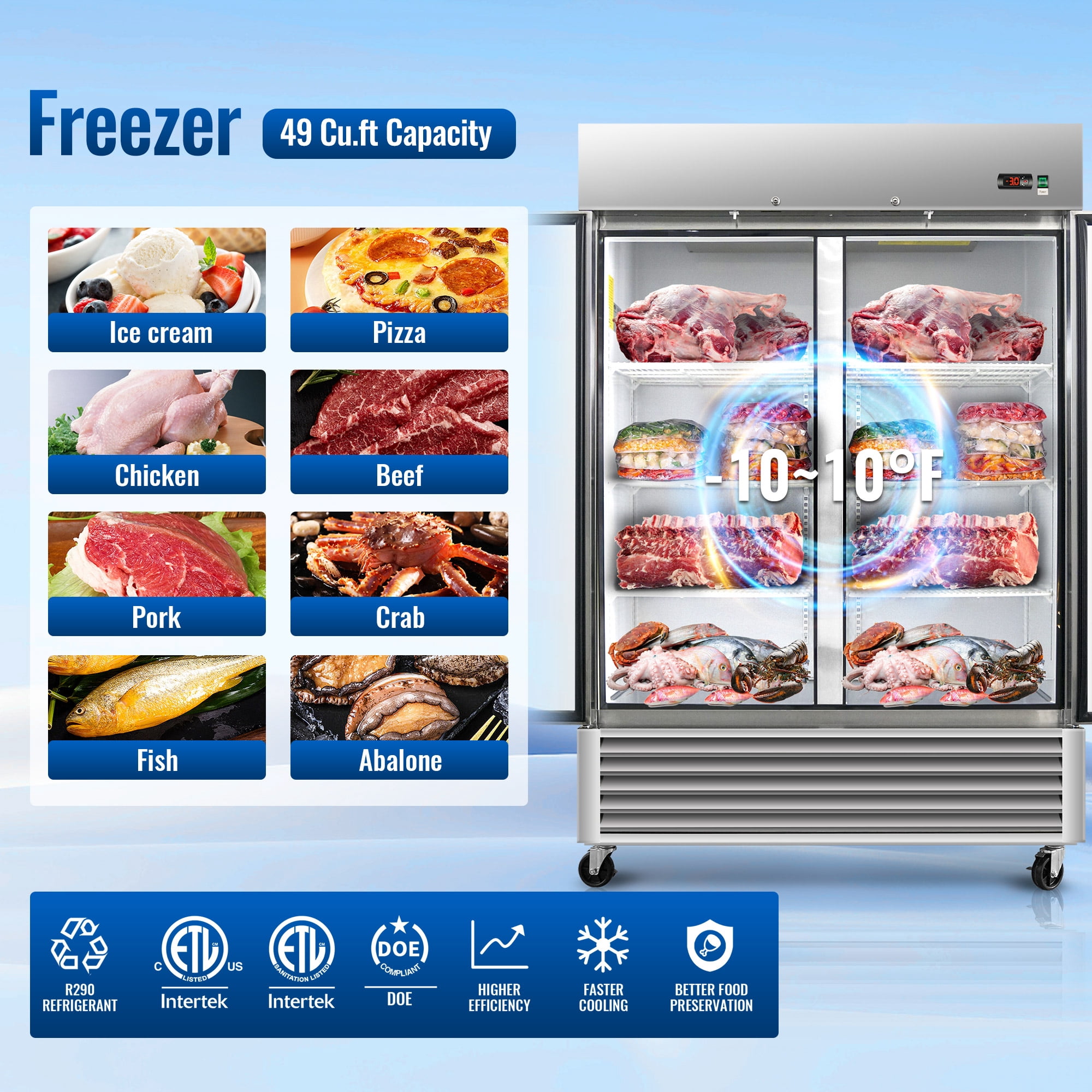 54" Commercial Expandable Upright Freezer, Stainless Steel, 49 Cu.Ft., 6 Adjustable Shelves, Low Noise & Energy Efficient, Auto Defrost, Digital Temperature Control, LED Lighting