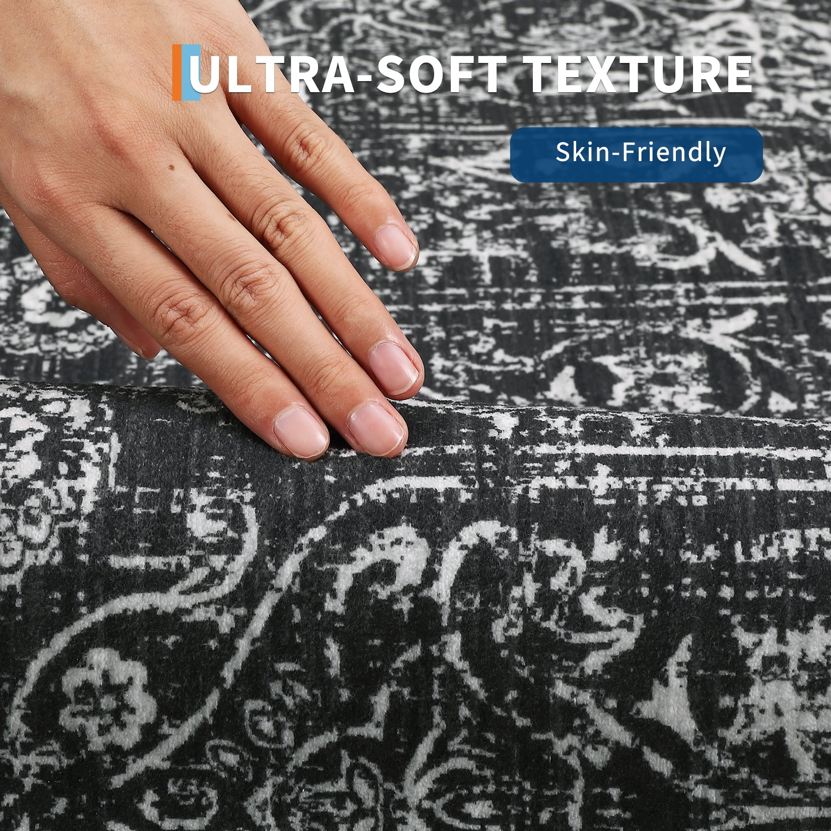 HOMERRY Indoor Rug 8' x 10' Area Rug for Living Room Vintage Floral Washable Bedroom Non-Slip Carpet for Home Decor, Black