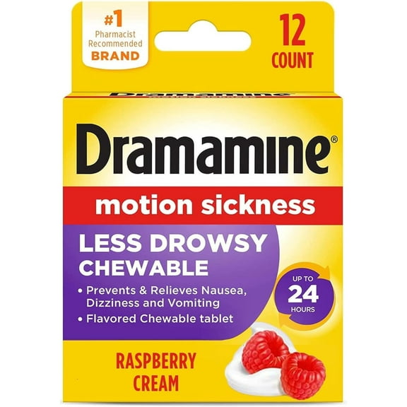 Dramamine Chewable Less Drowsy, Motion Sickness Relief, Raspberry Cream Flavor, 12 Count