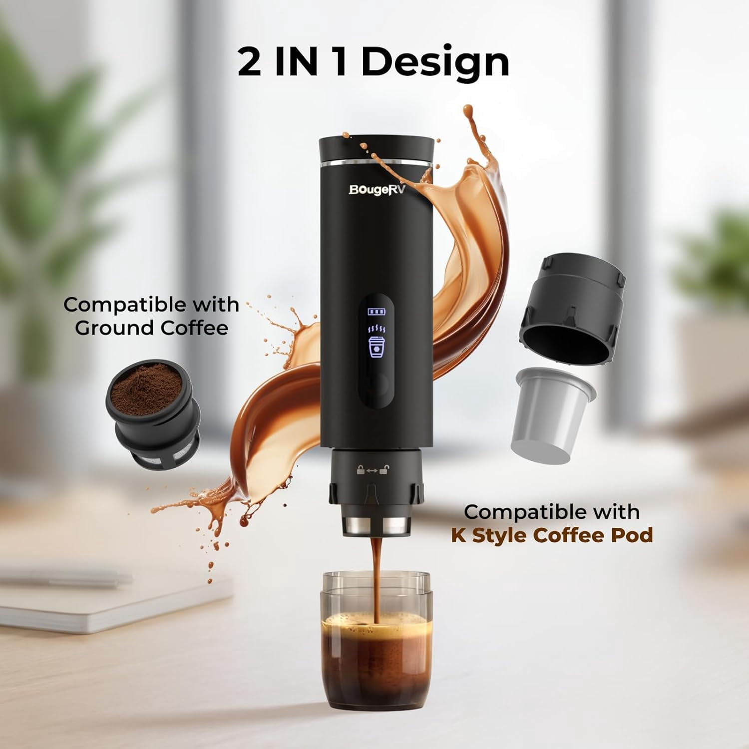 BougeRV Portable Drip Coffee Maker Compatible with K Cup & Ground Coffee, Car Coffee Machine Self-Heating for Travel, Camping, Outdoors
