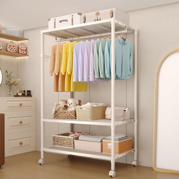 Ataucjin 3-Tier Rolling Clothes Rack with Adjustable Rods and Side Hooks, Freestanding Garment Storage Cart on Wheels for Bedroom and Laundry Room Organization