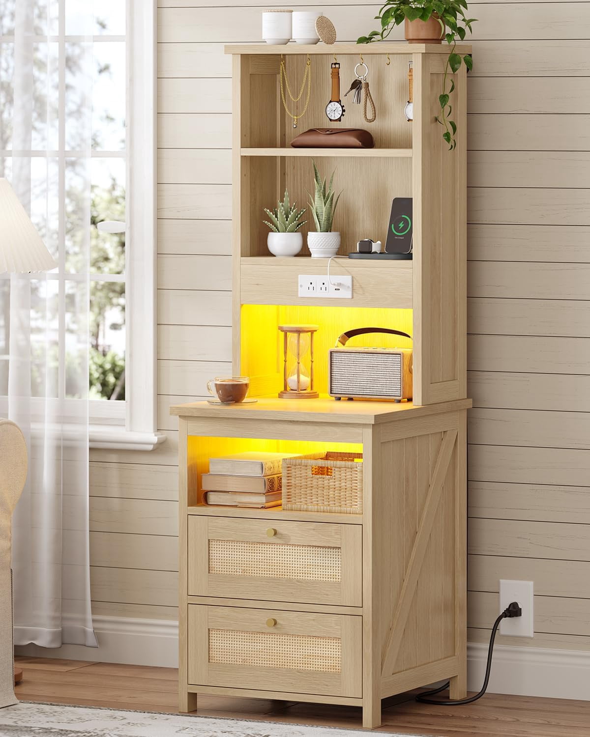 Boho 51.6'' Tall Rattan Nightstand with Charging Station and LED Lights, Bed Side Table with 2 Drawers and Bookshelf & 6 Hooks, Easy to Assembly, Wood