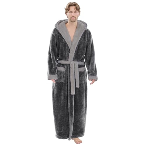 Neweven Full-Length Hooded Robe for Men, Big & Tall Two-Tone Plush Fleece Flannel Bathrobe(Charcoal / Medium Gray,L/XL)
