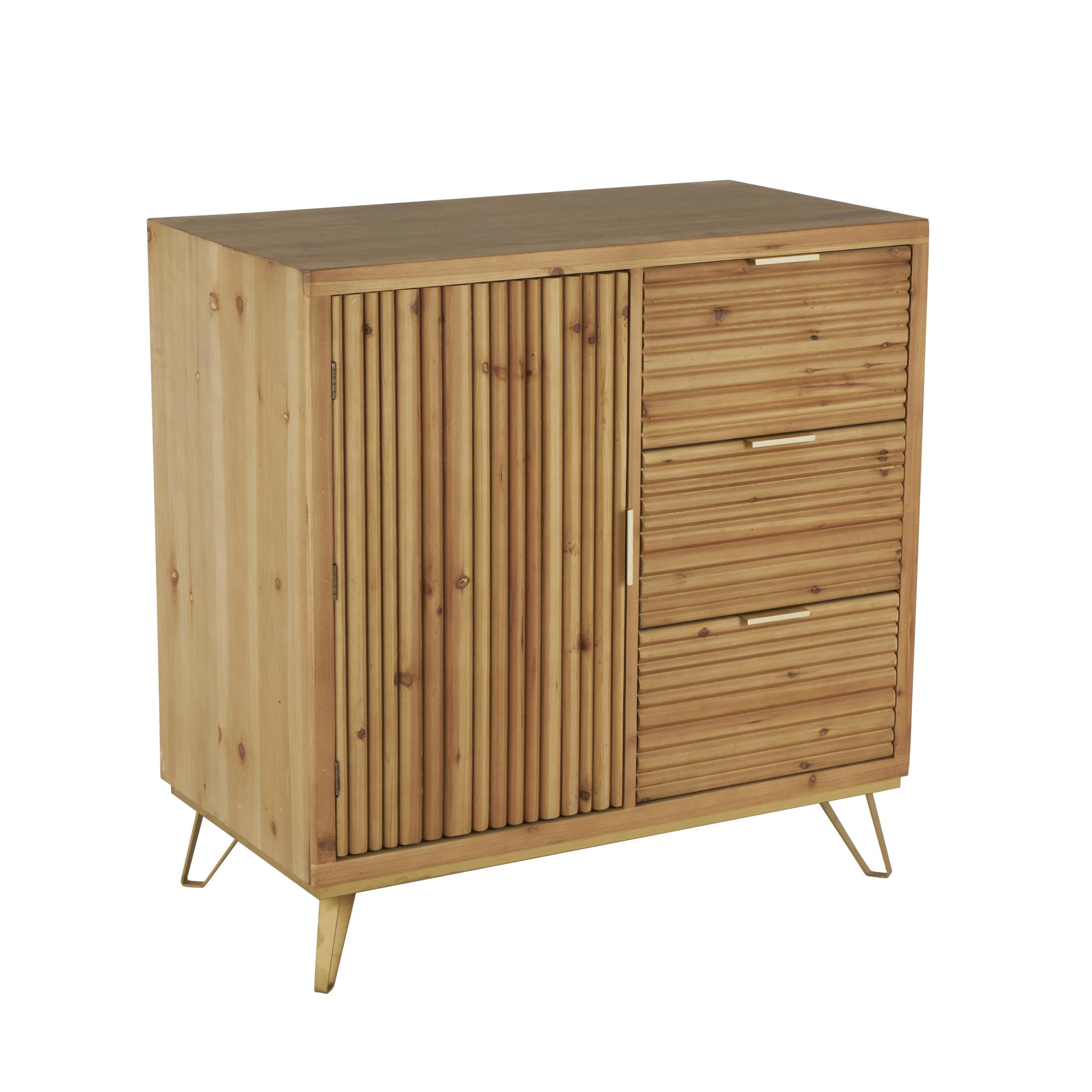 DecMode 36" x 36" Brown Wooden Ribbed 1 Door and 3 Drawer Cabinet with Gold Metal Handles, 1-Piece