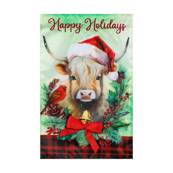 Meadow Creek Holiday 11.5" x 18" Happy Holidays Cow Outdoor Yard Flag