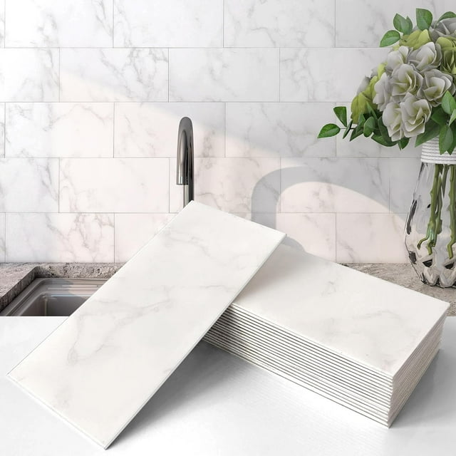 Azulejos Autoadhesivo Mármol Adhesivo, Panel Decorativo Pared Impermeables, Blanco Carrara