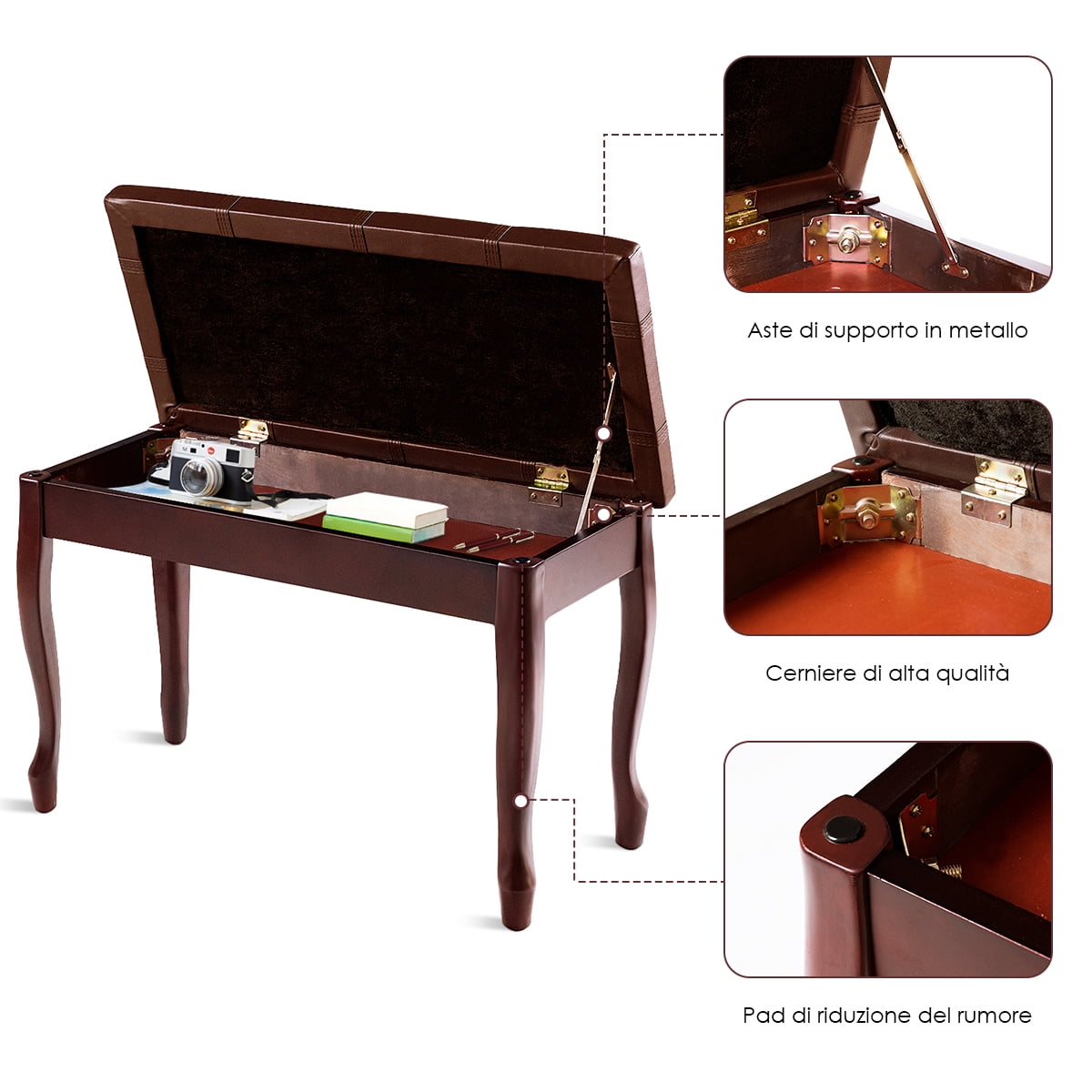 Topbuy Piano Bench Wood Padded Double Duet Keyboard Seat w/ Storage Box Brown