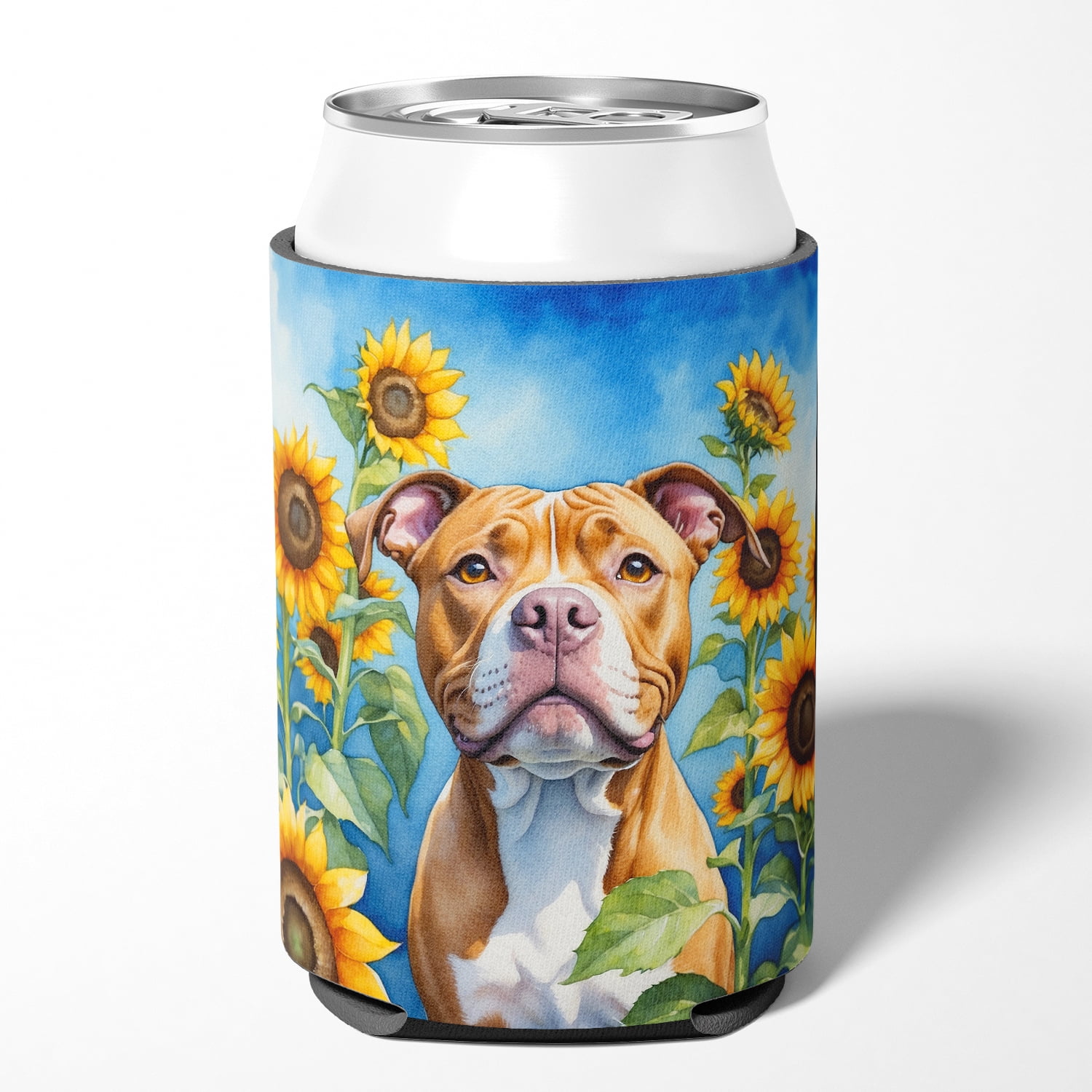 Pit Bull Terrier in Sunflowers Can or Bottle Hugger 3 in x 5 in
