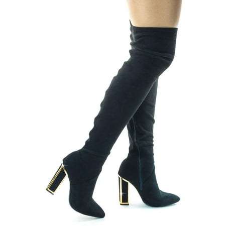 Metal Heel Thigh High Boots - Illusion02 by Bamboo, Metal Framed Block Heel Boots, Thigh High Over Knee Dress Shoes