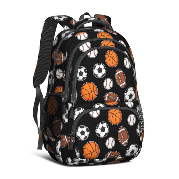 Football and Basketball Black Pattern Backpack for School, Cute School Bag with Adjustable Shoulder Straps and Padded Back, 16.9"x12.6"x5.9"
