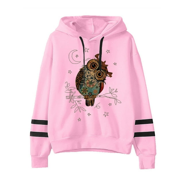 Fashnice Chandails en Molleton à Capuche pour Femmes Manches Longues Chandails à Capuchon Imprimé Hibou Chandail Chaud Automne Chandail à Capuchon Chandail en Molleton Rose P