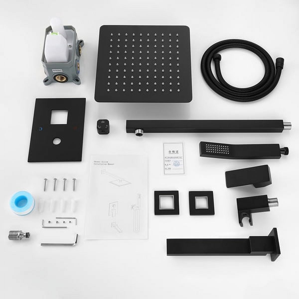 10" Square Luxury Rainfall Shower System – Matte Black Modern Bathroom Set with Air-Injection Technology, Hand Shower, Tub Spout & Rough-In Valve – 3-Function Wall-Mounted Shower Kit