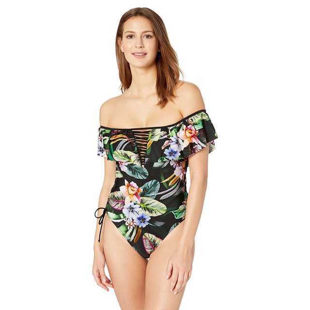 YDX Women's Swimwear Flounce Off Shoulder One Piece Ruffles Bathing Suit, Midnight Luau, X-Small