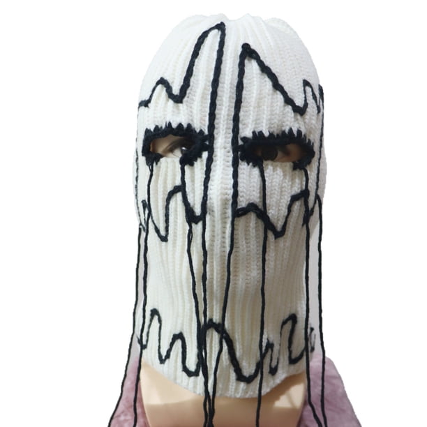 Sombrero con forma de máscara hecho a mano, tejido a mano, con estampado fantasmagórico en blanco y
