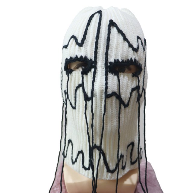 Sombrero con forma de máscara hecho a mano, tejido a mano, con estampado fantasmagórico en blanco y