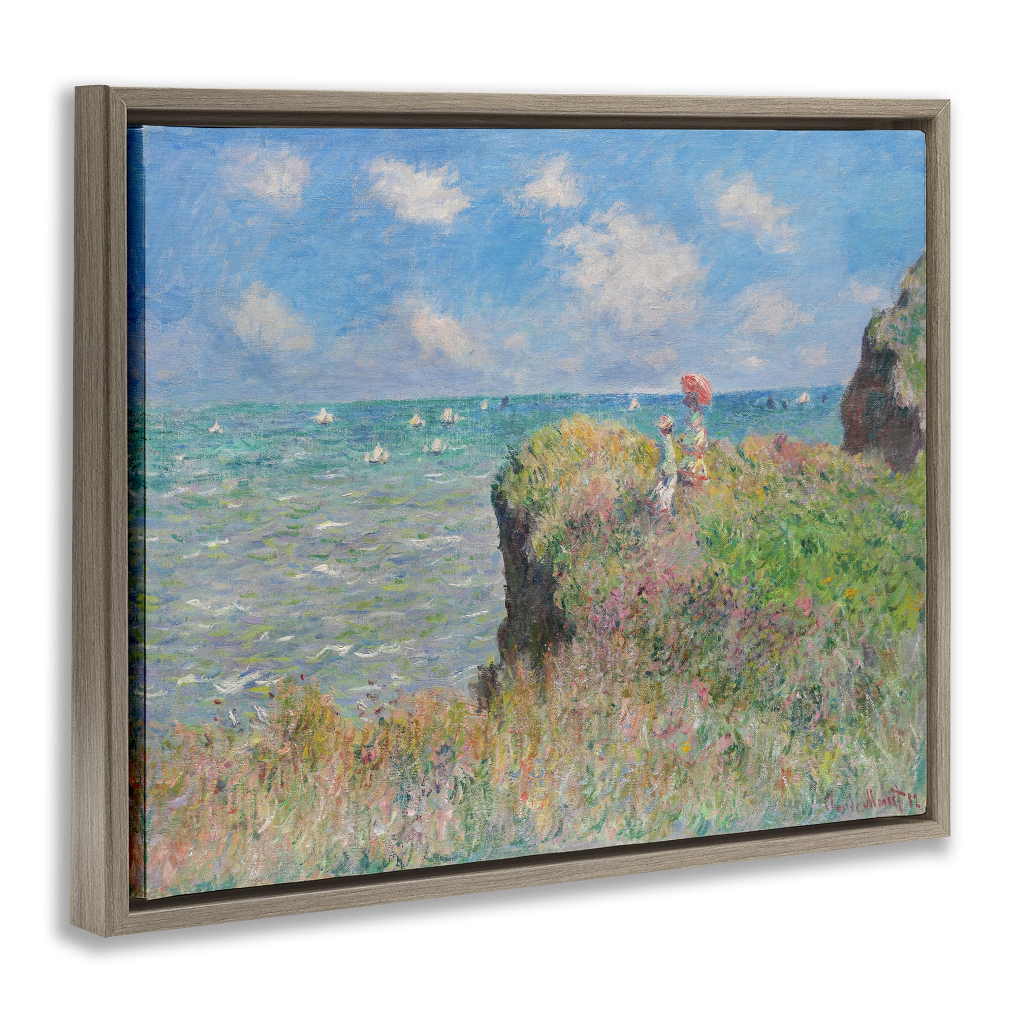 Stupell Industries Classic Monet Cliff Walk Landscape & Nature Painting Brown Floater Framed Canvas Art Print Wall Art, 21 x 17