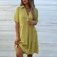 thumbnail image 5 of Ecqkame Summer Linen Dresses for Women Short Sleeve Turndown Collar Button Front Dresses Casual Loose Boho Mini Shirt Dress Yellow XXXL, 5 of 8