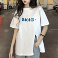 thumbnail image 1 of Camiseta de mujer de algodón puro con cuello redondo, manga corta, estilo coreano, holgada, adelgazante, con abertura lateral, para verano, 1 of 4