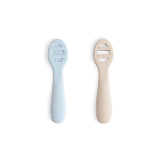 Set de 2 cucharas para bebé Mushie de silicona azul y beige