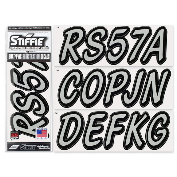 STIFFIE Whipline Solid Silver/Black Super Sticky 3" Alpha-Numeric Registration Identification Numbers Stickers Decals for Boats & Personal Watercraft