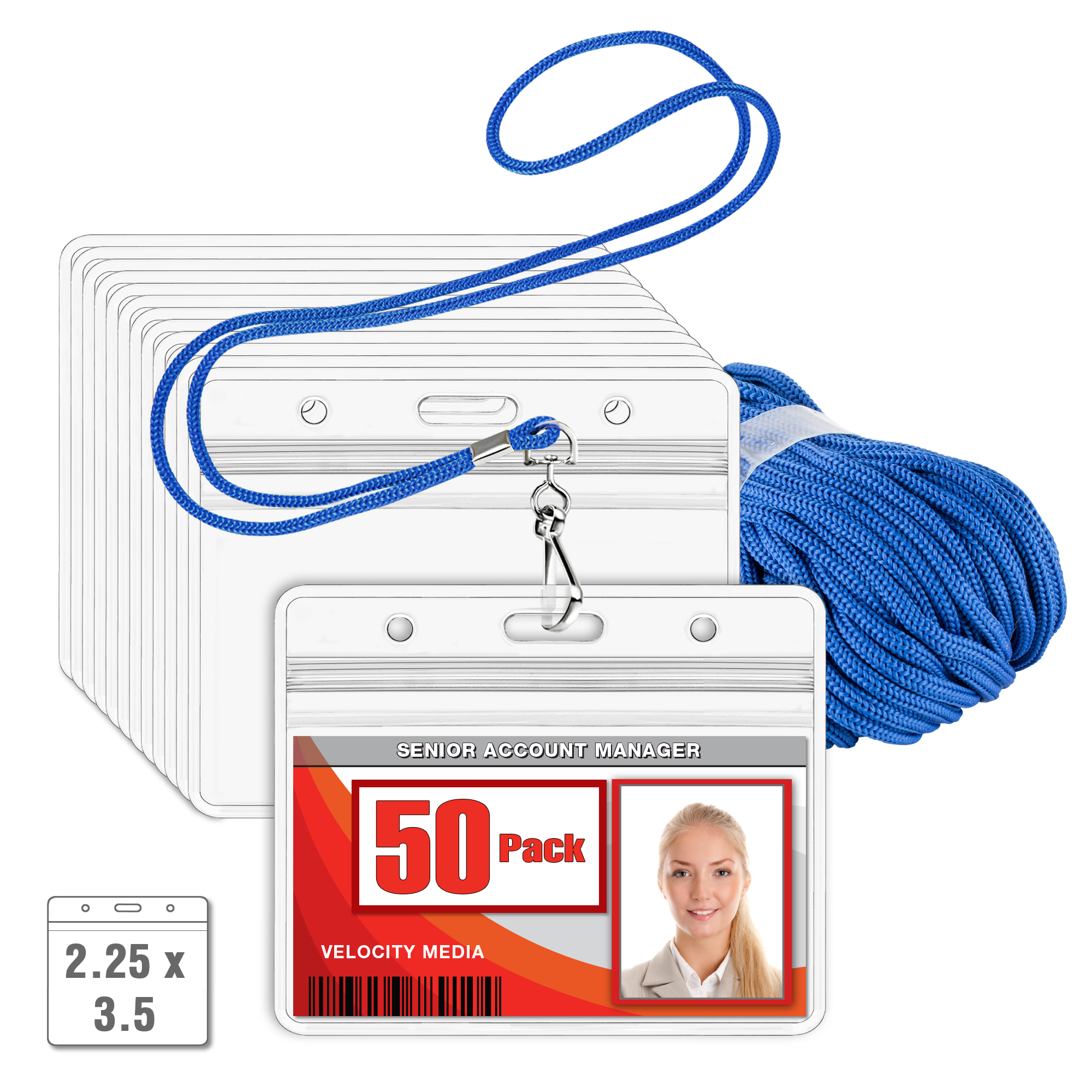 MIFFLIN 2.25" x 3.5" Horizontal ID Card Holder with Blue Woven Lanyards
