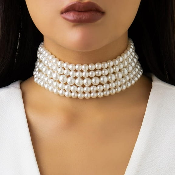 Boho Round Imitation Pearl Choker Necklace - Elegant Multi-Strand Vintage Choker for Bridal Wedding - Crystal Jewels - Silver - 14.5 2.7inch - Lightweight Design - Perfect Jewelry Accessory