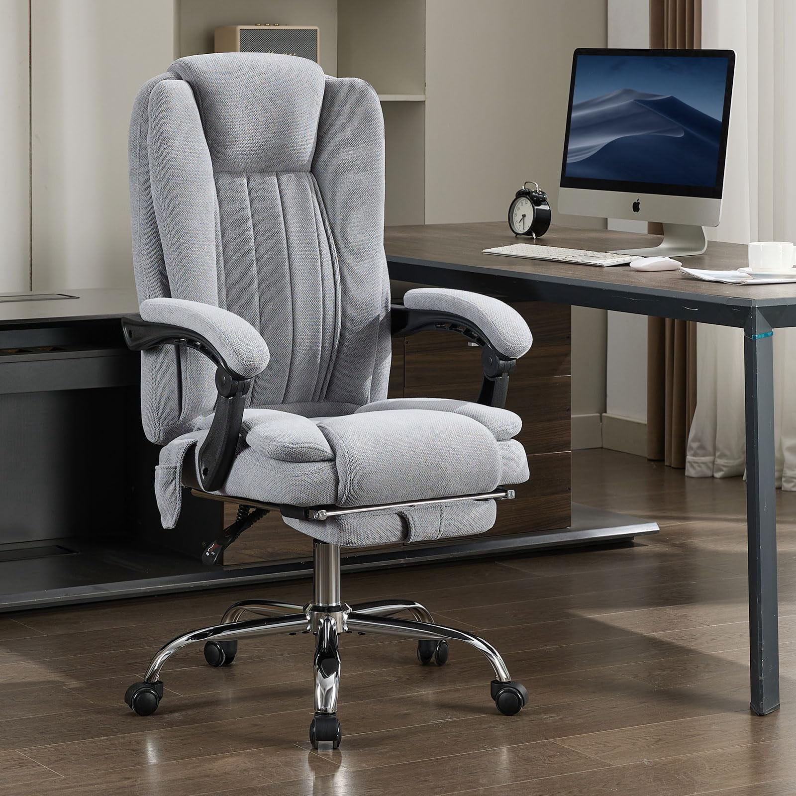 JONPONY Big and Tall Office Chair 500LBS Executive Office Chair Massage and Footrest Ergonomic Computer Desk Chair Reclining High Back Leather Office Chair Lumbar Back Support Swivel Rolling,Grey