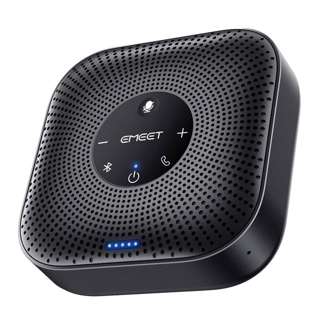 altavoz bluetooth emeet officecore m0 plus 4 micrófonos con ia capta la voz en 360° altavoz negro cuadrado con esquinas redondeadas en primer plano; rejilla perforada superior, panel táctil central con iconos de micrófono, Bluetooth, llamada y volumen, cuatro LED de batería frontales; diseñado para conferencias y manos libres con USB-C y Bluetooth 5.0, suele usarse también para llamadas grupales en oficinas.