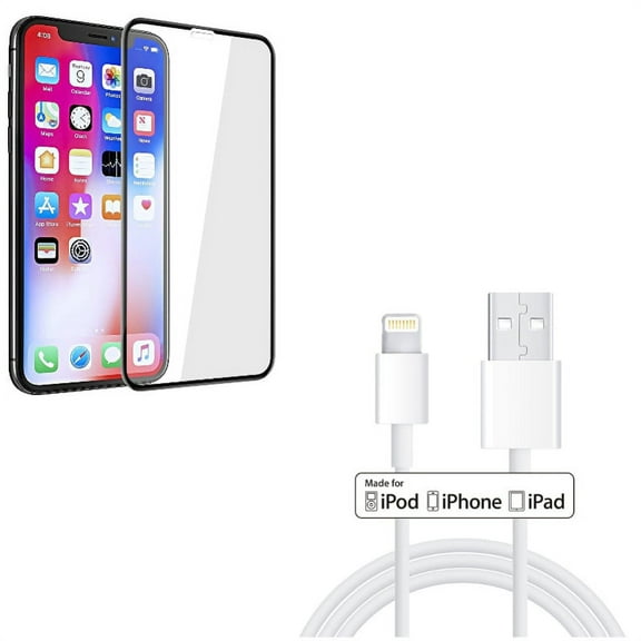 6ft MFi USB Cable w Screen Protector for iPhone XR - Certified Charger Cord Power Wire, Tempered Glass 5D Touch Curved Edge Full Cover