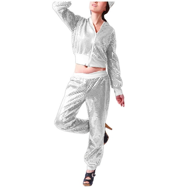 WILLBEST Pantalones Casuales Para Mujer Con Lentejuelas Brillantes, Trajes de Baile Callejero, Ropa de Hip Hop, Baile de Jazz, Blusa Con Cremallera Completa, Conjunto de Pantalones Harén Para Niñas