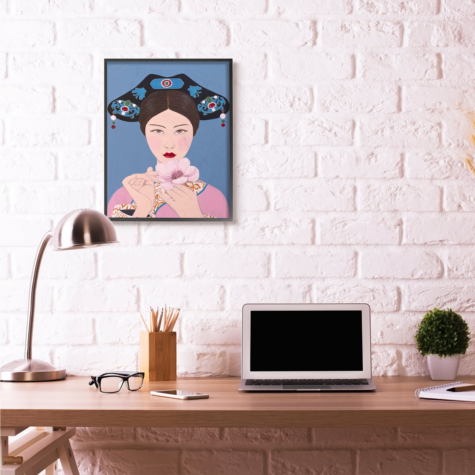 Stupell Industries Chinese Woman And Flower Pink Blue Painting Black Framed Art Print Wall Art, 24x30, by Sally B