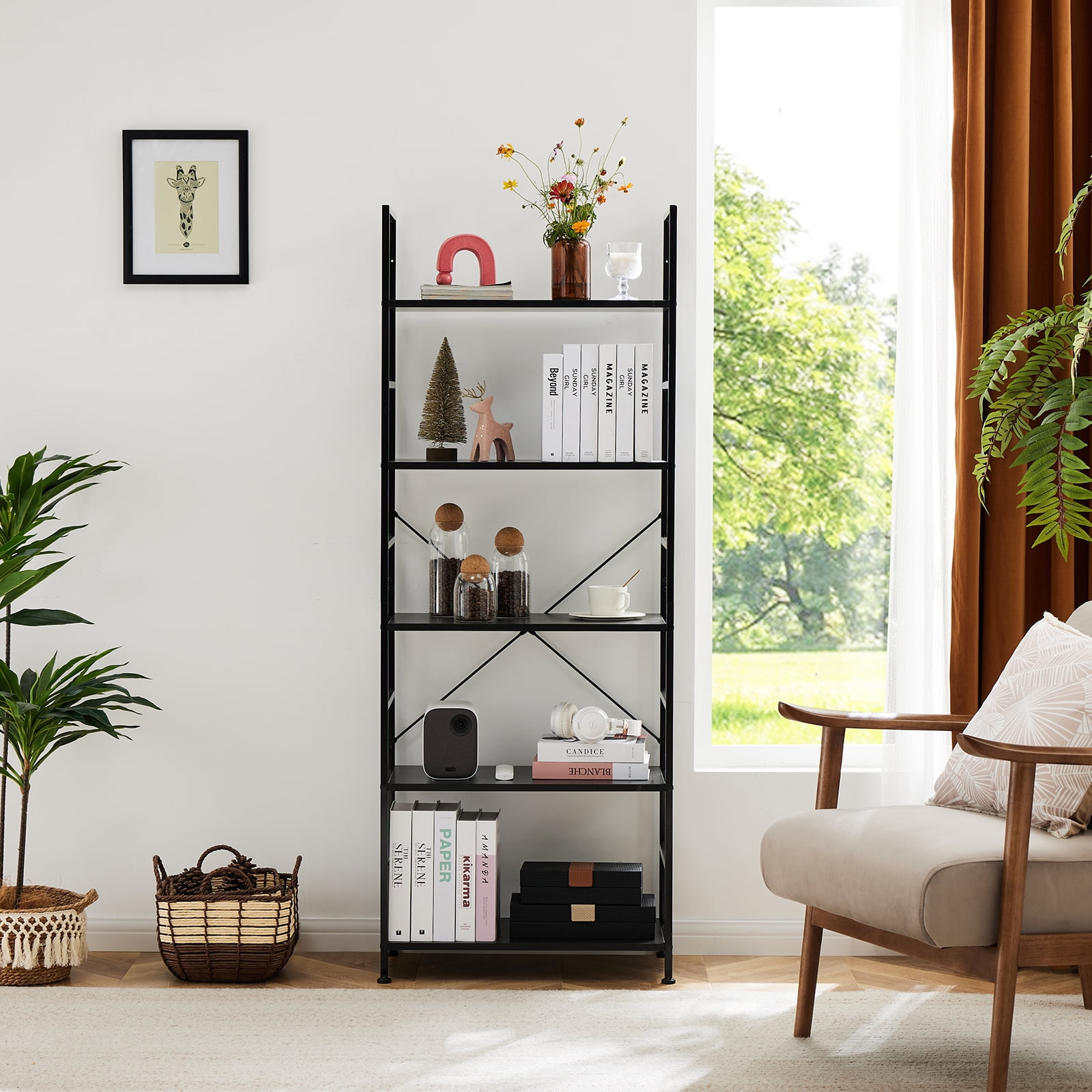 Aukfa 5 Tier Bookcase Tall Bookshelf Storage Organizer for Home Office Wood & Metal Black