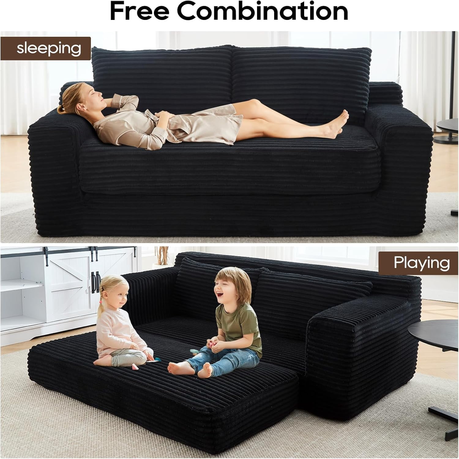 70.87" WCloud Lounge Memory Foam Corduroy Convertible Folding and No Assembly Loveseat Sofa Bed,Black