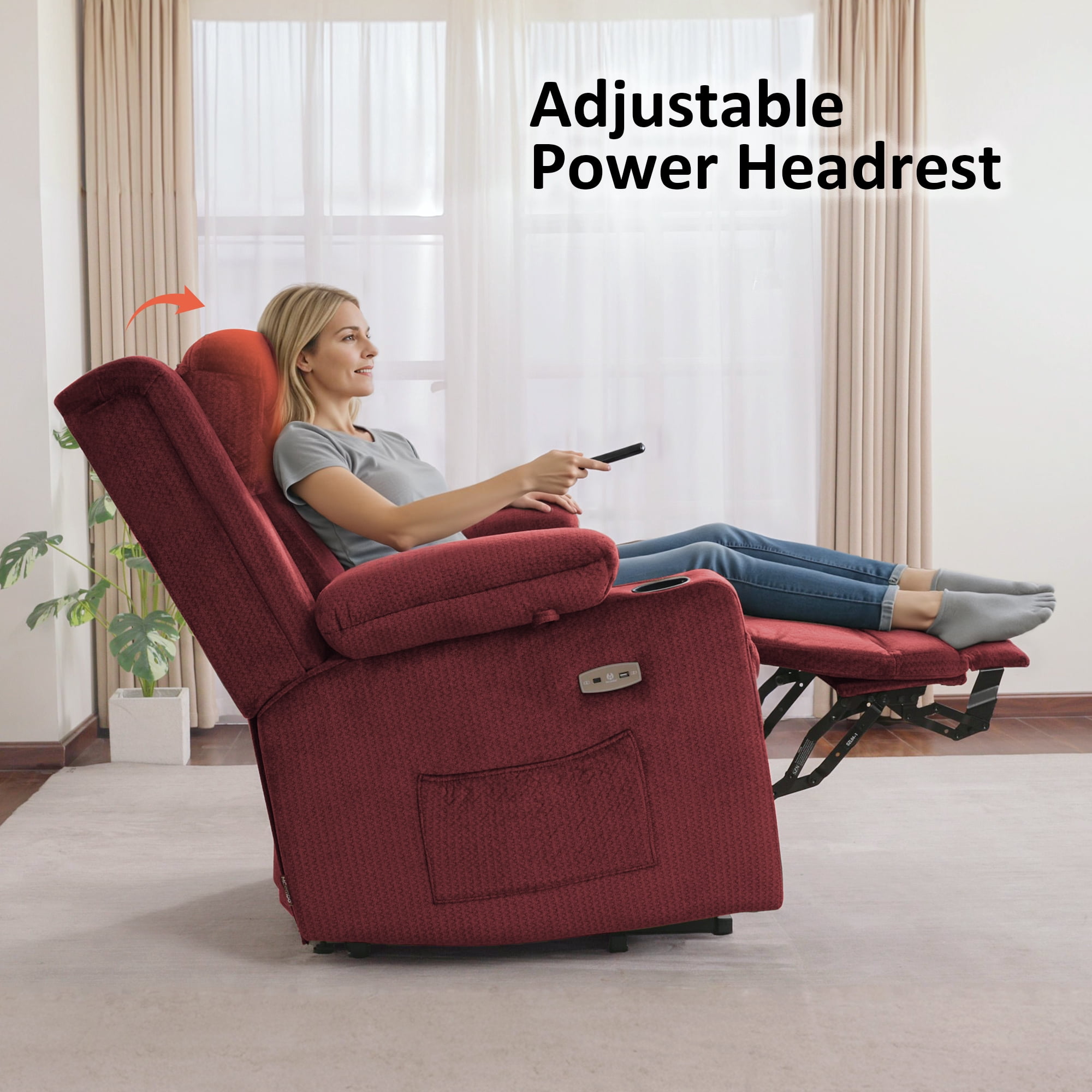 MCombo Lay Flat Triple Motor Power Lift Recliner for Elderly, Adjustable Headrest, Fabric(Burgundy)