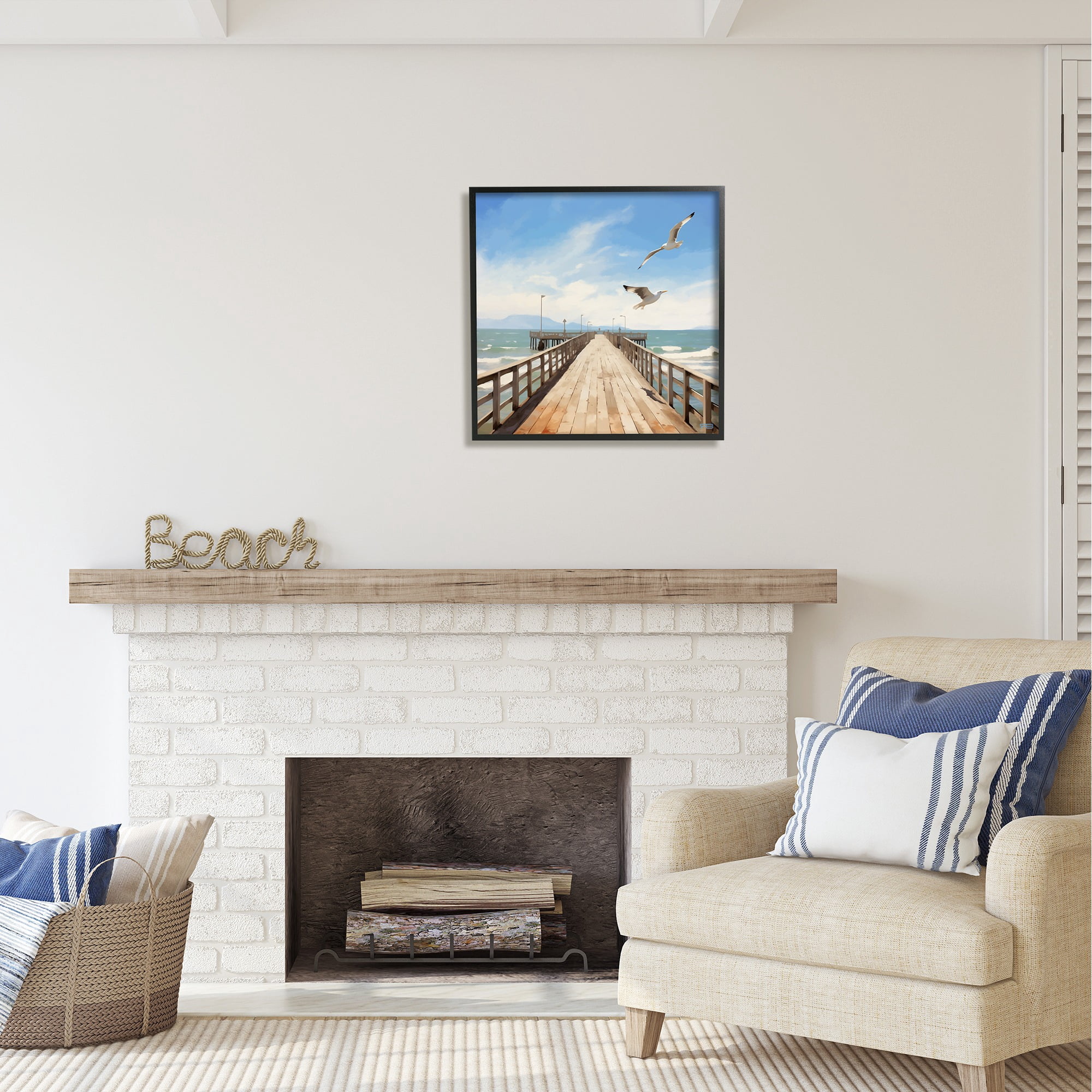 Stupell Industries Seagulls over Pier Landscape Painting Black Framed Art Print Wall Art, 24 x 24