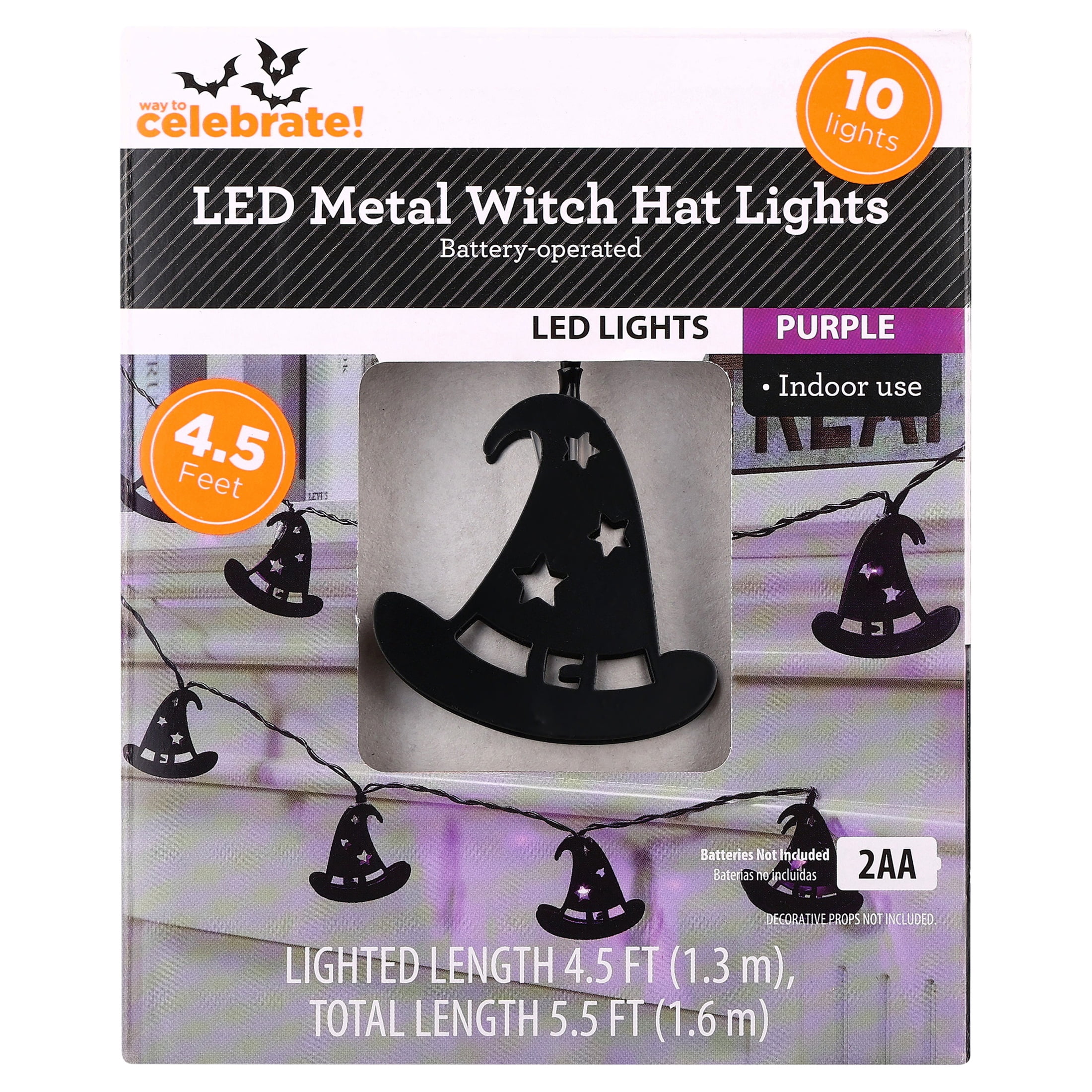 Indoor 10-Count Battery-Operated LED Metal Witch Hat String Lights, Purple, 4.5', Halloween by Way To Celebrate