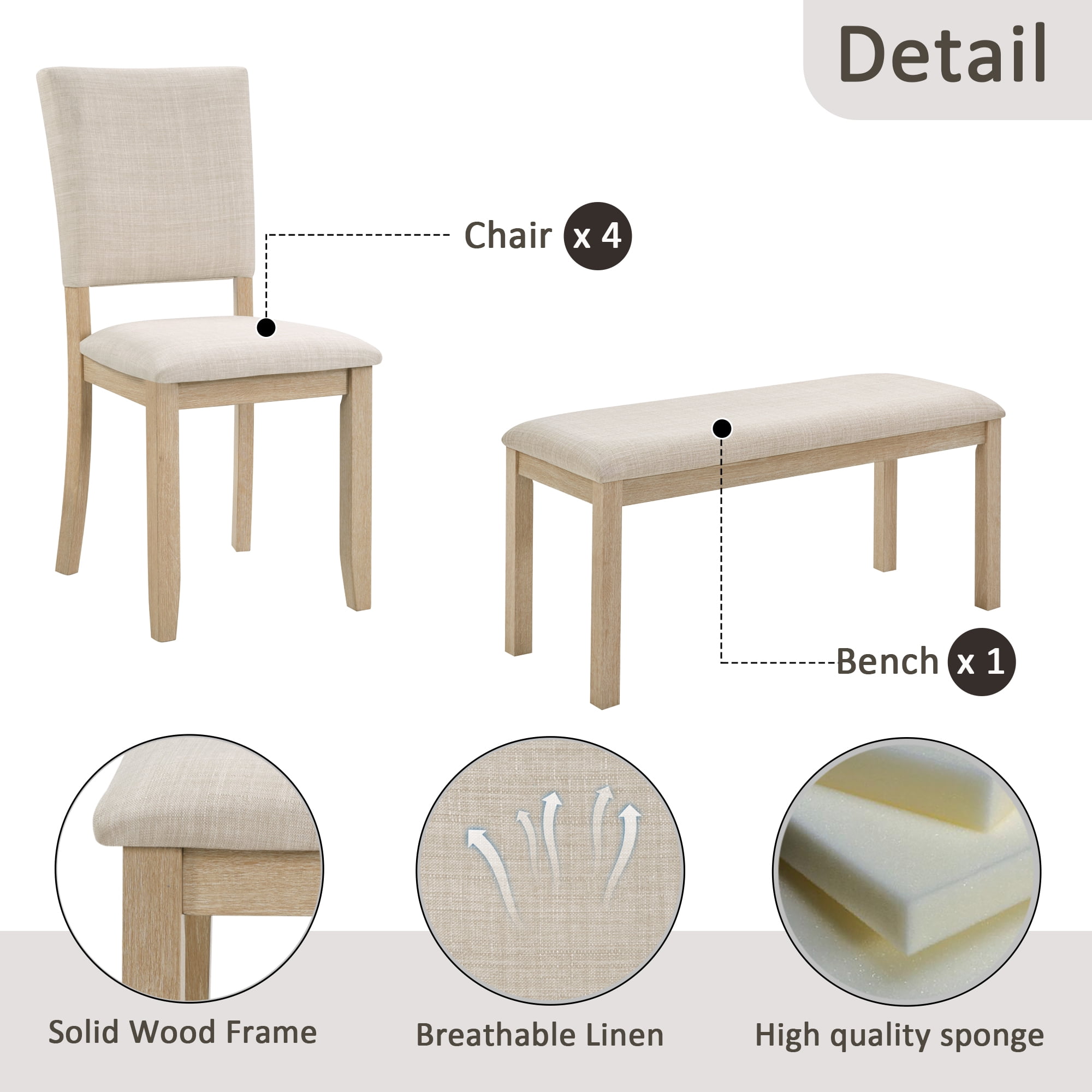 Gewnee Dining Set for 6,Farmhouse 6 Piece Dining Table Sets with Bench,Rectangle Wood Kitchen Table and 4 Upholstered Chairs.Light Oak & Beige