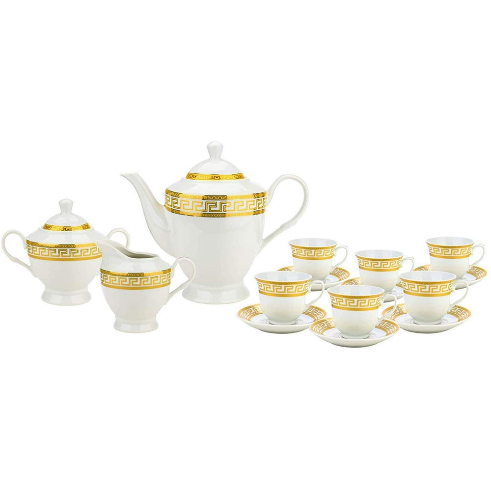 Imperial Gifts 1347B17, Porcelain Greek Gold 17 Pieces Tea Set