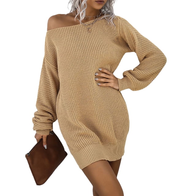 ZAXARRA Femmes hors Robe Pull Épaule Manches Longues Couleur Unie Robe en Tricot en Vrac Automne Mini Robe