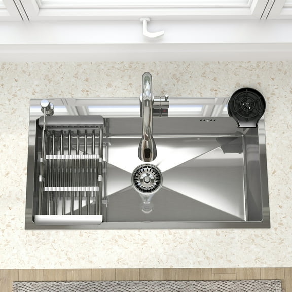 32" x 18" Modern Silver Single Bowl Undermount Sink Stainless Steel Kitchen Essential Accessories Included