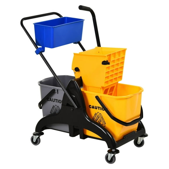 6.9 Gallon Mop Bucket with Wringer - Commercial Janitorial Cleaning Cart - Side Press - Yellow/Black - Smooth Wheels