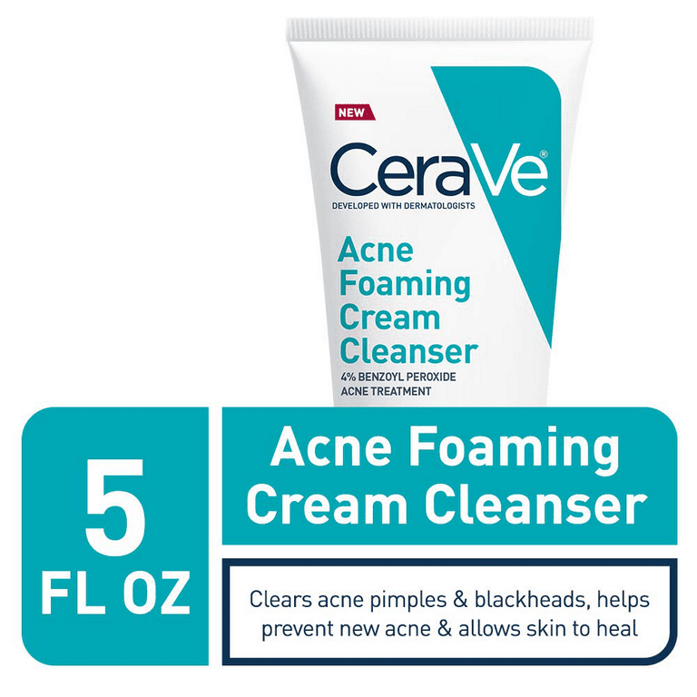  CeraVe Acne Foaming Cream Wash, Gentle Face and Body Acne  Cleanser with Benzoyl Peroxide 10%, Hyaluronic Acid, and Niacinamide, Acne  Treatment Clears Pimples, Blackheads, Chest and Back Acne