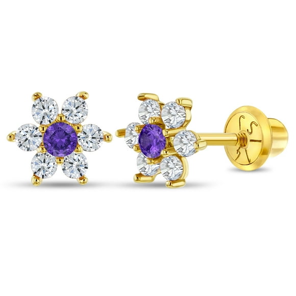 14k Yellow Gold Clear & Purple Cubic Zirconia Flower Screw Backs for Young Girls